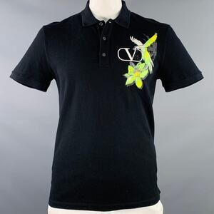 VALENTINO 2020 Size L Black Green Yellow Parrot Graphic Cotton Buttoned Polo